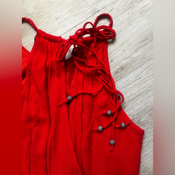 Red Boho Dress with Tassels Open Back Aztec Waistband - Picture 7 of 13